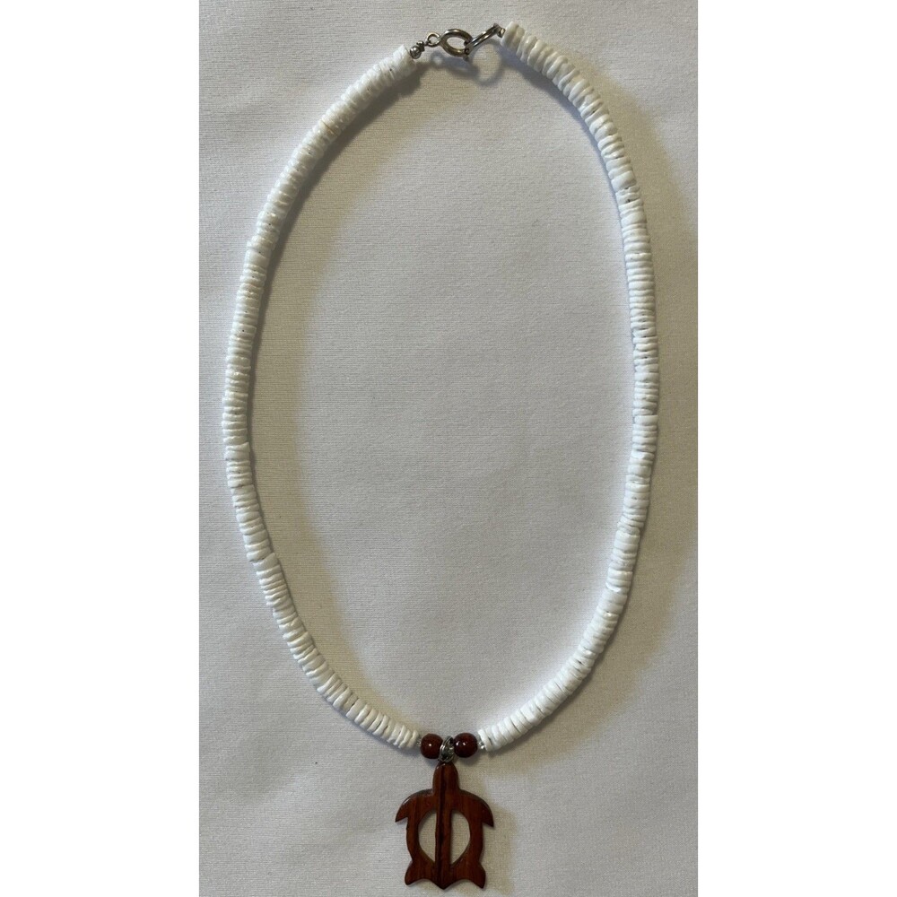 Hawaiian Jewelry Wood Honu Sea Turtle Pendant Puka Shell Necklace Choker 16”